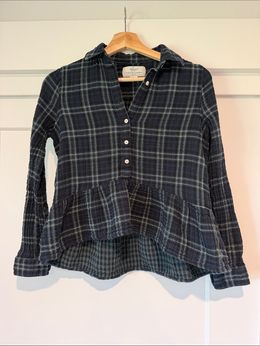 Trovata Navy and Light Blue Plaid Button-Front Peplum Shirt